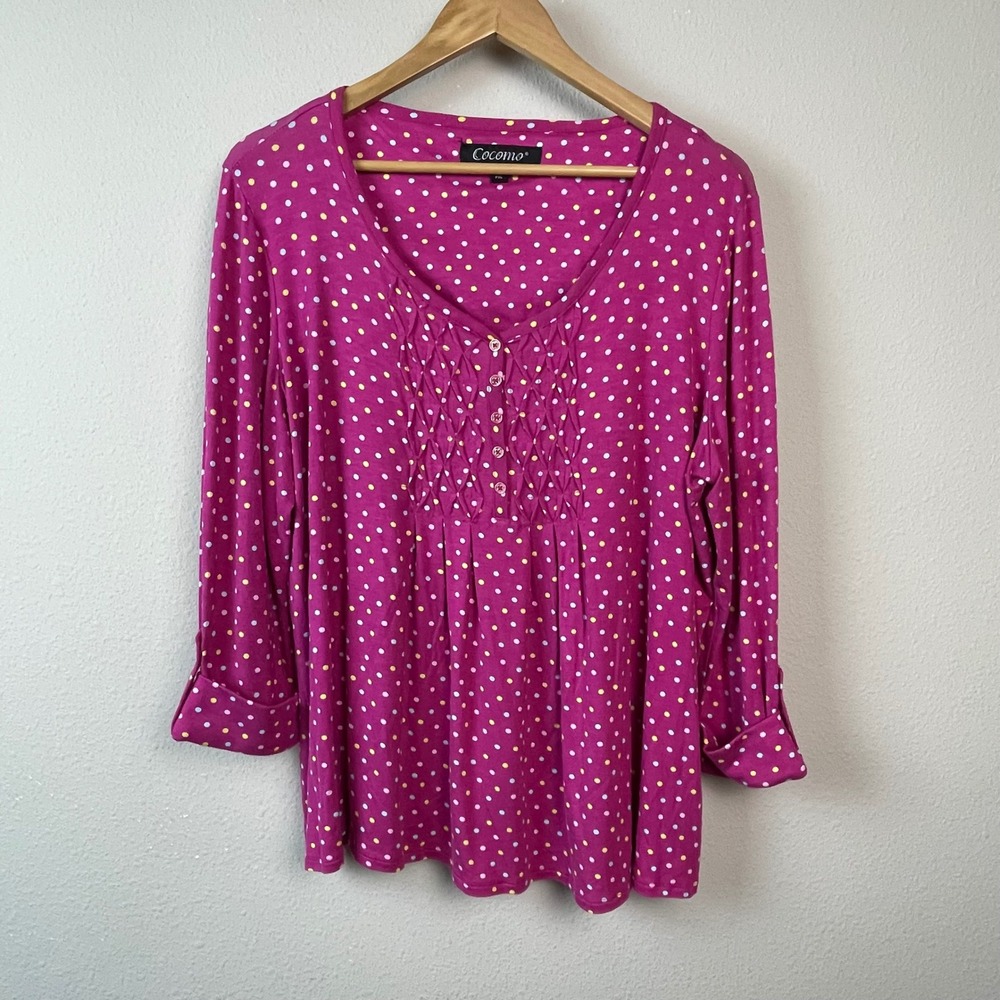 Cocomo Polka Dot Blouse Women PXL Pink Boho Smocked Roll‎ Tab Casual Chic